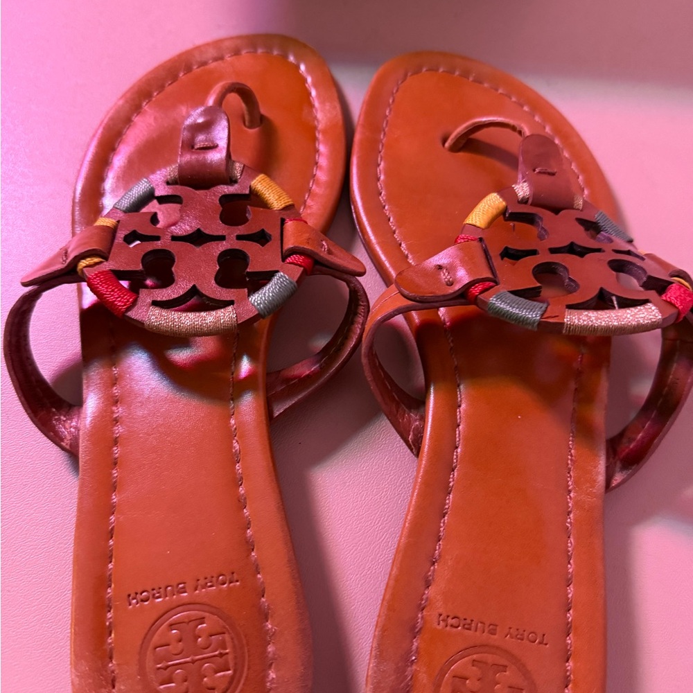 Tory Burch Brown Leather Sandals with Colorful Accents